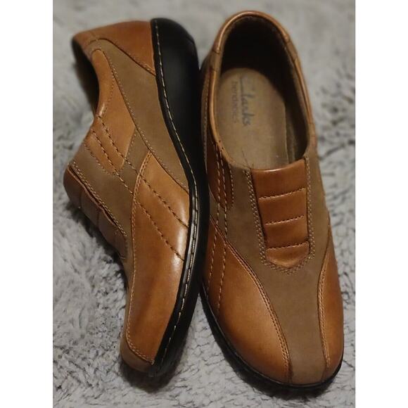 Clarks Bendables Bingo Q Medium & Dark Tan Leather Slip-on Comfort Shoes Size 7M - Picture 6 of 9